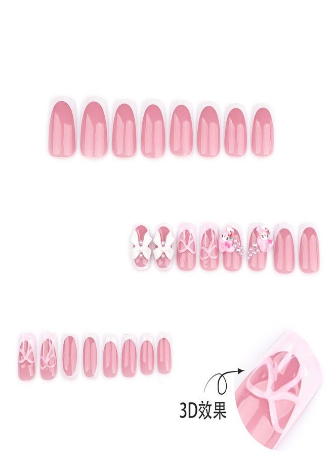 YKZFUI White French Tip Press on Nails Short with Charms Bow Pearl Design, Pink French Nails Press ons Cute False Nails Short Square Nail Art Full Cover Stick on Nails for Women Manicure Decorations 24Pcs - Image 4